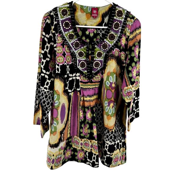 Sandy Starkman Blouse Beaded Neck Tunic Geometric Print Pullover Multicolor M - Picture 1 of 5